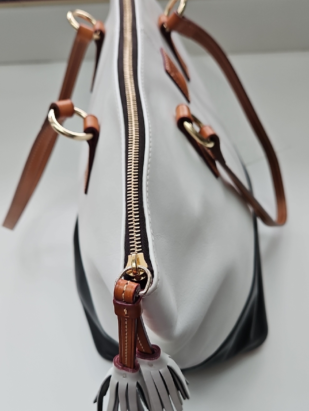 Dooney & Bourke Large Color Block White & Black Smooth Leather Tobi Tote - Picture 11 of 14